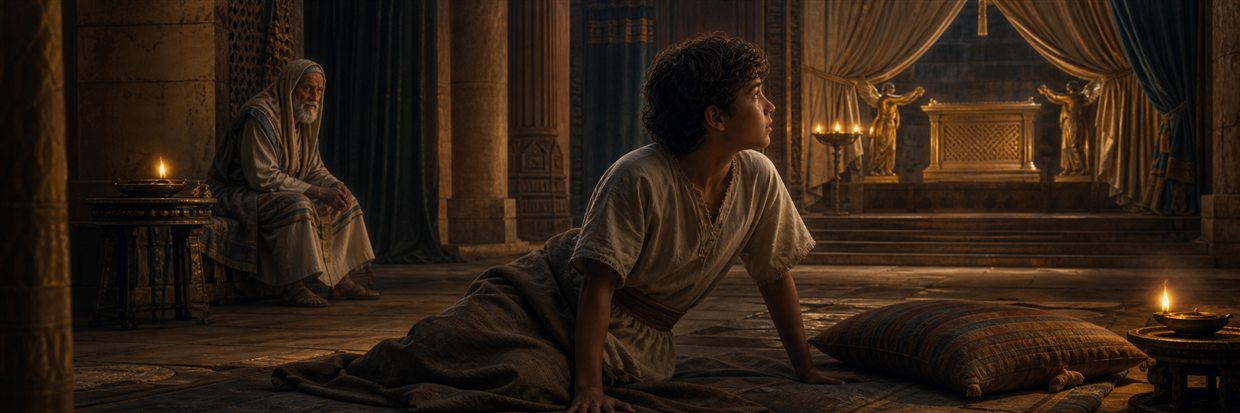 Young Samuel rising from his mat and listening in the lamp-lit sanctuary